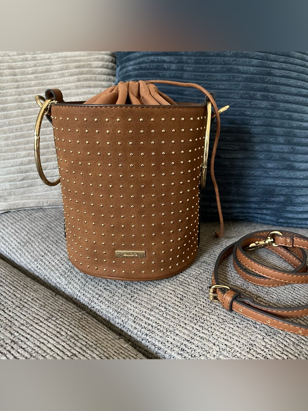 Aldo Brown faux suede gold studded bucket bag Crossbody. EUC